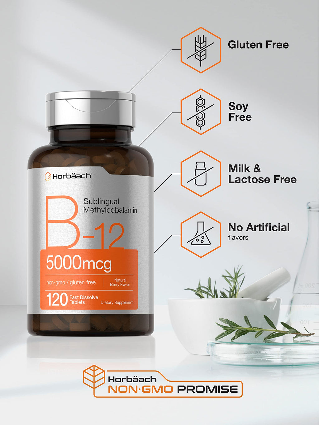 Horbäach B12 5000 mcg – Sublingual Tablets, 120 Count, Vegetarian, Non-GMO, Gluten Free (Pack of 2)