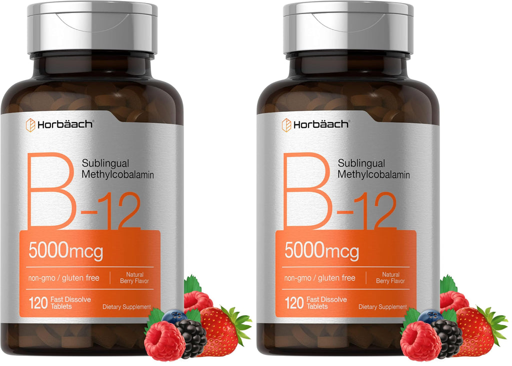 Horbäach B12 5000 mcg – Sublingual Tablets, 120 Count, Vegetarian, Non-GMO, Gluten Free (Pack of 2)