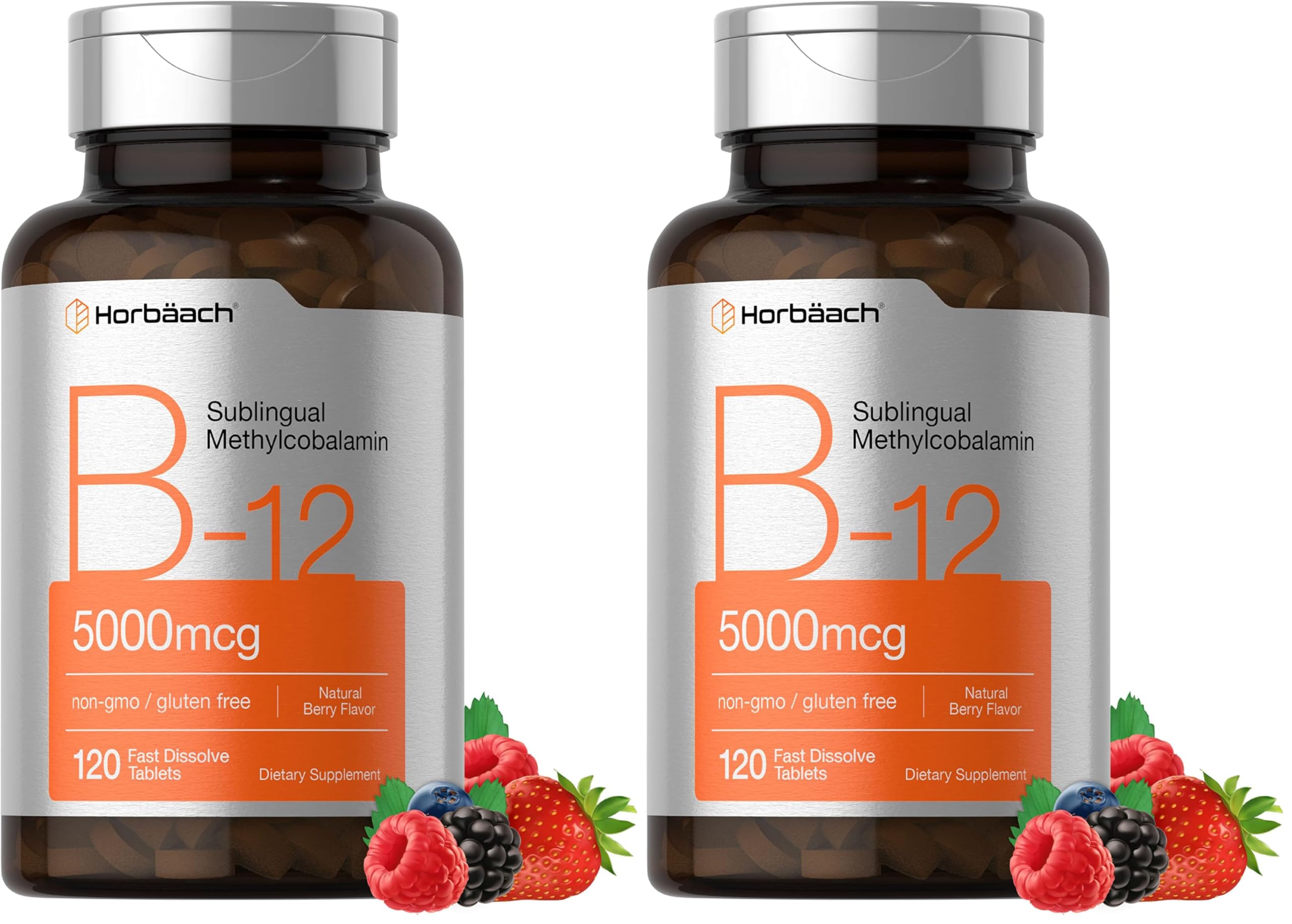 Horbäach B12 5000 mcg – Sublingual Tablets, 120 Count, Vegetarian, Non-GMO, Gluten Free (Pack of 2)
