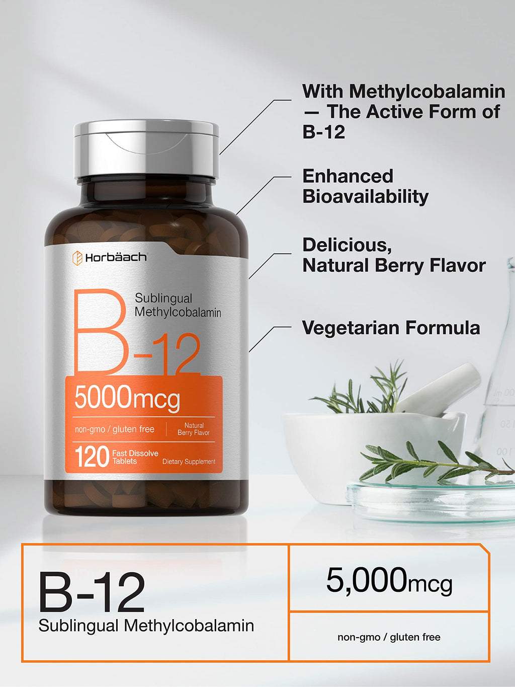 Horbäach B12 5000 mcg – 120 Fast Dissolve Sublingual Tablets (Vegetarian, Non-GMO, Gluten Free)