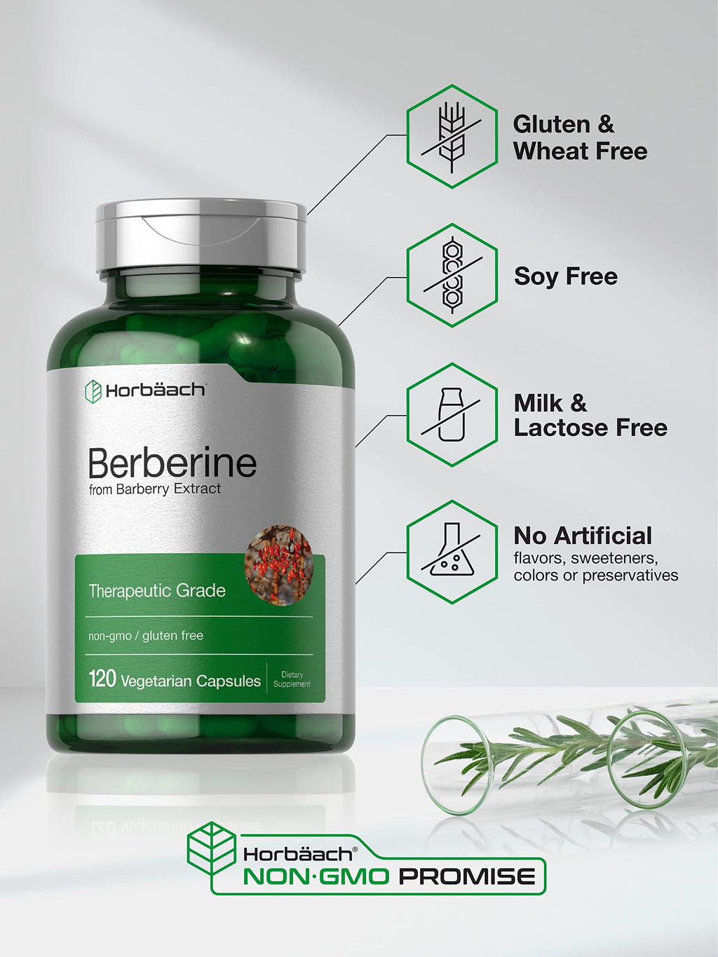 Horbaach Berberine HCL 500mg - 120 Capsules | Barberry Extract | Therapeutic Grade - Vegetarian, Non-GMO, Gluten Free