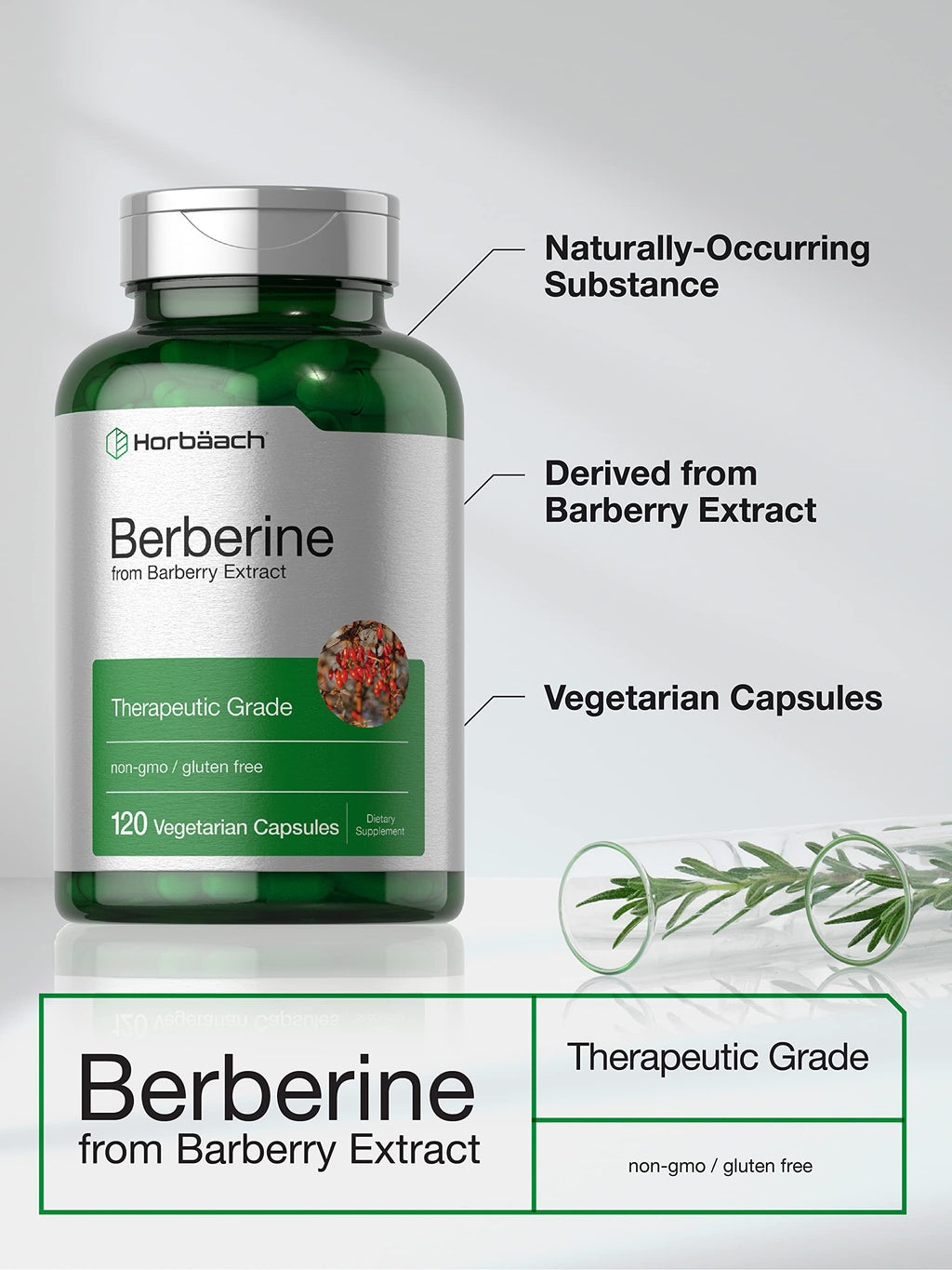 Horbaach Berberine HCL 500mg - 120 Capsules | Barberry Extract | Therapeutic Grade - Vegetarian, Non-GMO, Gluten Free