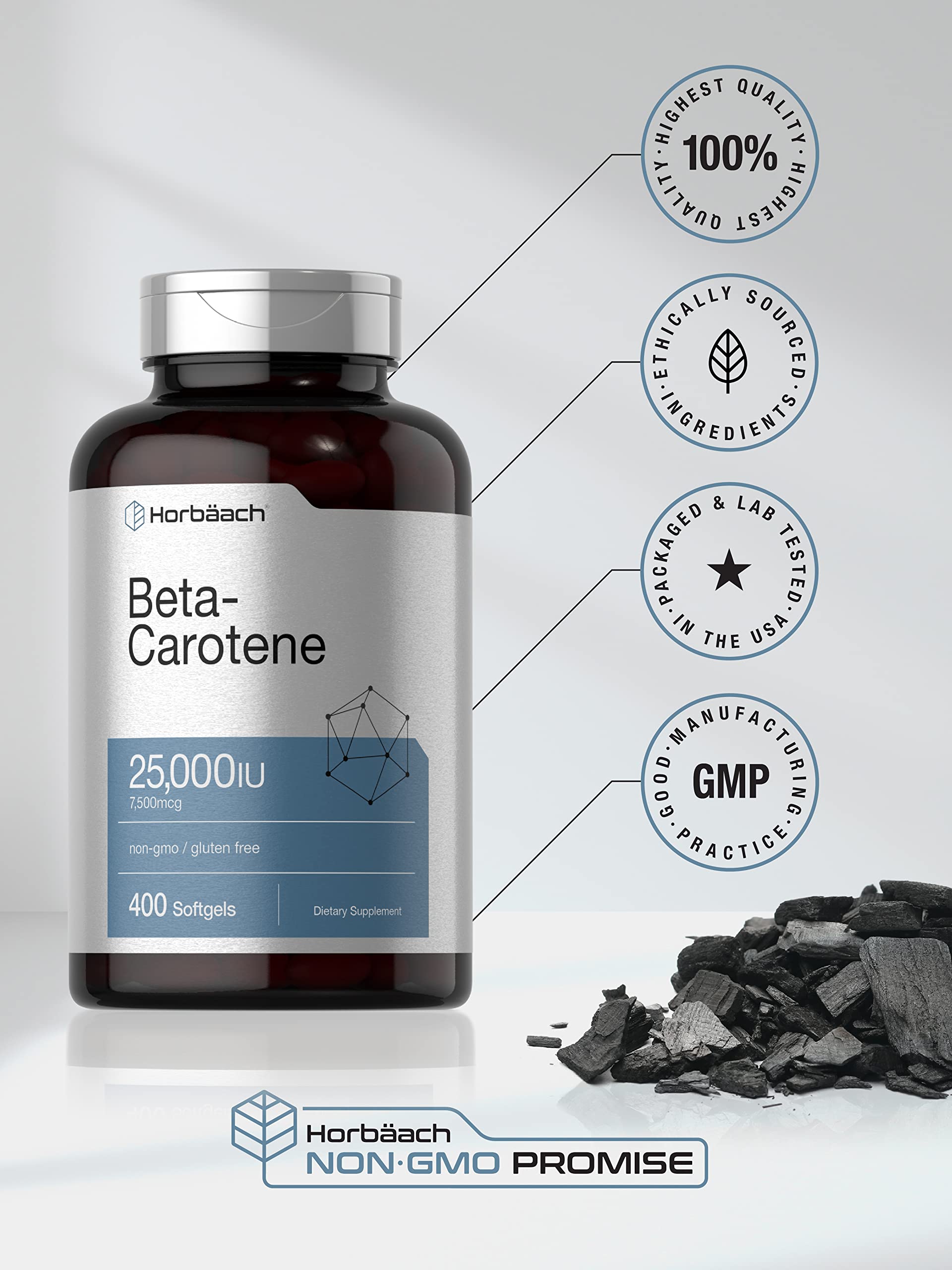 Horbäach Beta Carotene Softgels 25,000 IU | Vitamin A 7,500 mcg | 400 Count | Non-GMO & Gluten Free