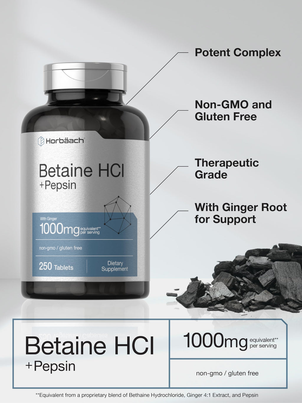 Horbäach Betaine HCl with Pepsin 1000 mg – 250 Tablets | Gluten Free, Non-GMO