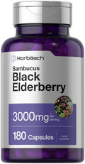 Horbäach Black Elderberry 3000mg Capsules - 180 Count | Non-GMO, Gluten Free Sambucus Extract Supplement