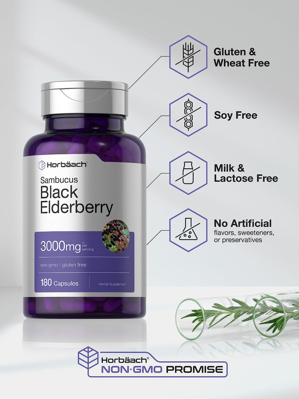 Horbäach Black Elderberry 3000mg Capsules - 180 Count | Non-GMO, Gluten Free Sambucus Extract Supplement