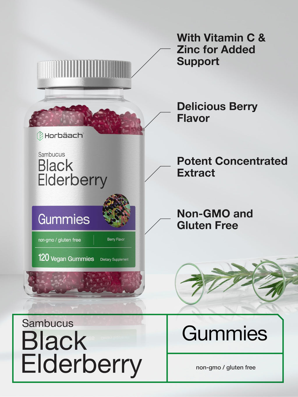 Horbaach Black Elderberry Gummies 120 Count | Zinc & Vitamin C | Vegan, Non-GMO, Gluten Free