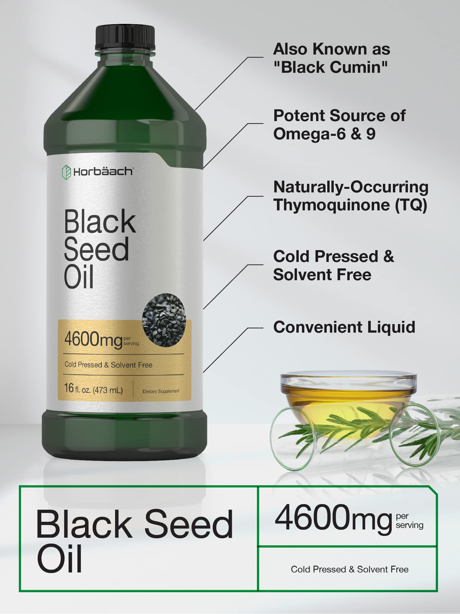 Horbäach Black Seed Oil Liquid 16oz – 4600mg | Cold Pressed Nigella Sativa, Vegetarian & Non-GMO