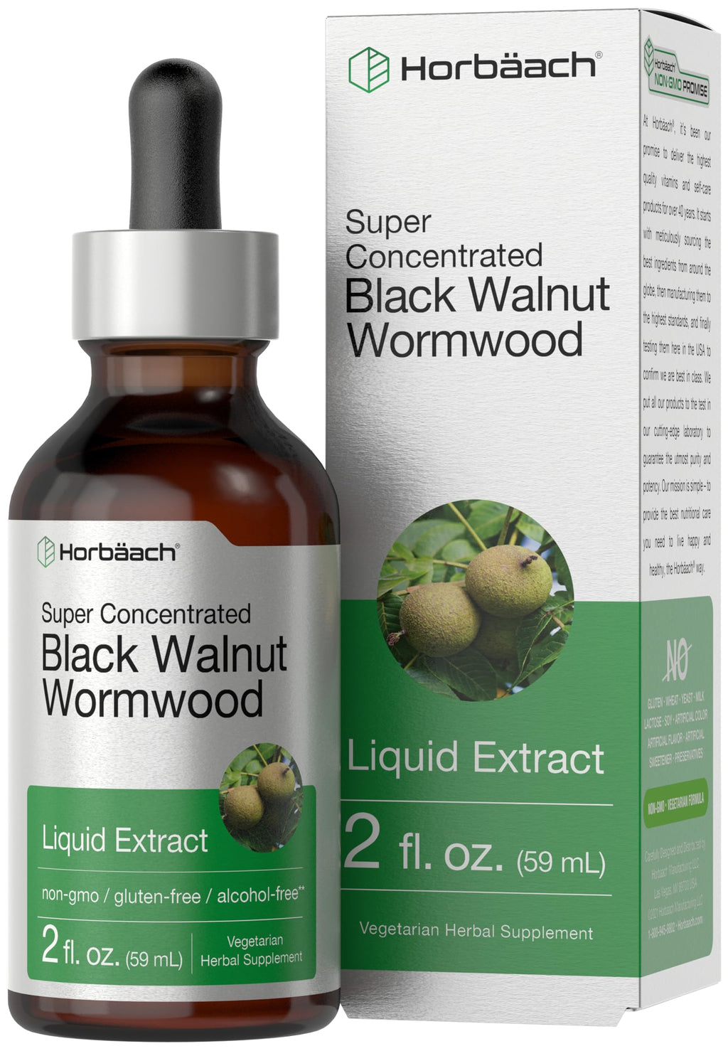 Horbaach Black Walnut Hull Wormwood Extract Tincture 2 fl oz – Alcohol-Free, Vegetarian & Gluten-Free