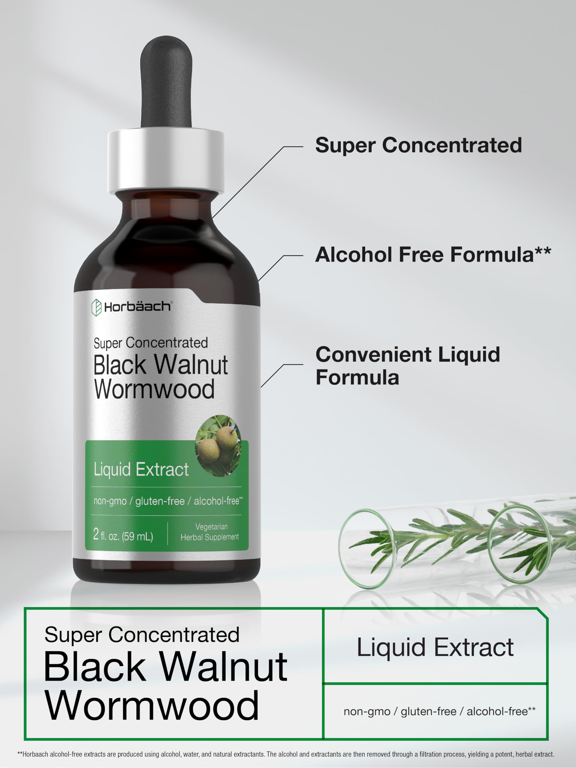 Horbaach Black Walnut Hull Wormwood Extract Tincture 2 fl oz – Alcohol-Free, Vegetarian & Gluten-Free