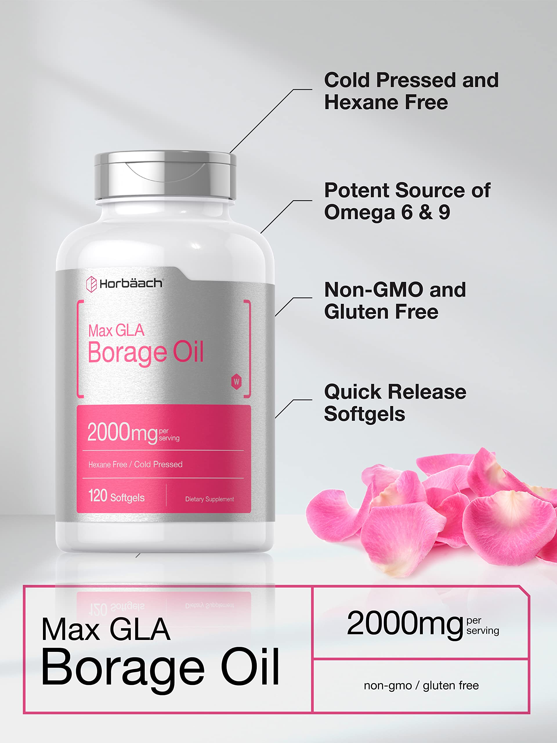 Horbäach Borage Oil Capsules 2000 mg | 120 Softgels | 320 mg GLA | Cold Pressed Seed Oil Supplement