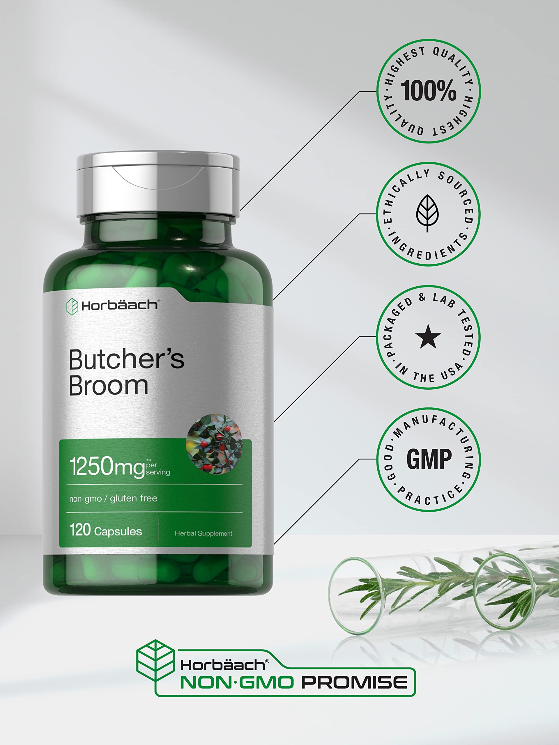 Horbaach Butchers Broom Capsules 1250mg | 120 Count – Non-GMO, Gluten Free