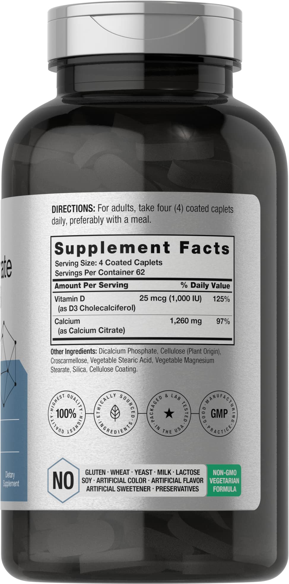 Horbäach Calcium Citrate with Vitamin D3 – 1260 mg, 250 Caplets | Vegetarian, Gluten Free