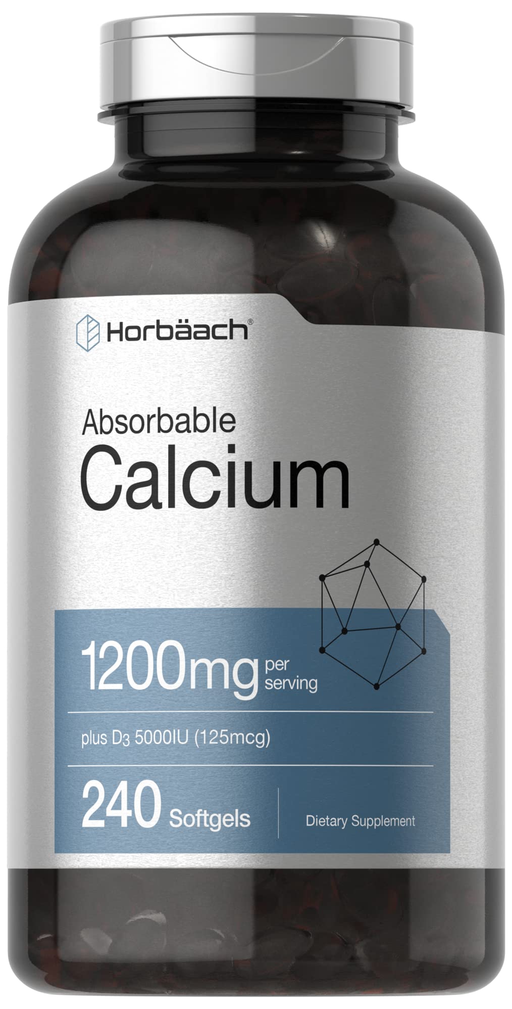 Horbäach Calcium 1200 mg with Vitamin D3 | 240 Softgels | 5000 IU D3 | Non-GMO, Gluten Free