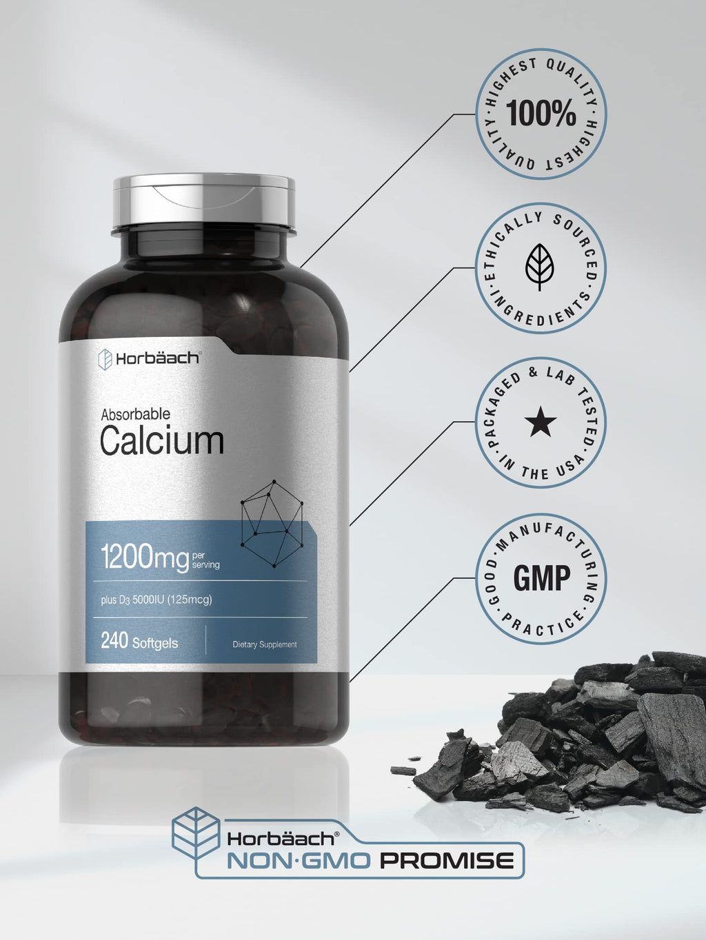 Horbäach Calcium 1200 mg with Vitamin D3 | 240 Softgels | 5000 IU D3 | Non-GMO, Gluten Free