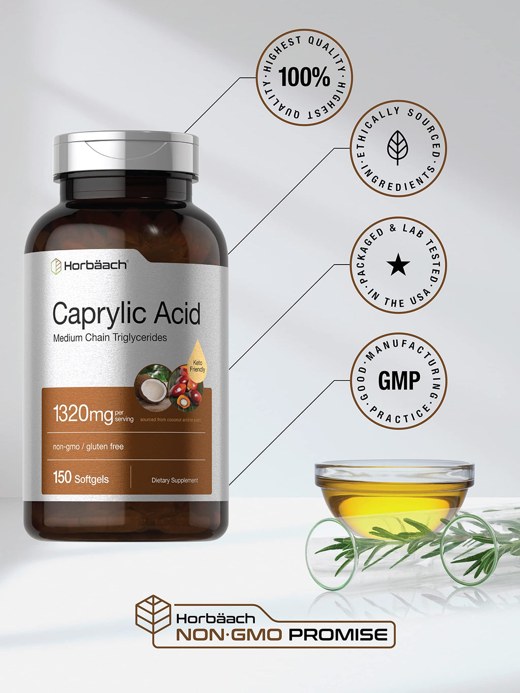 Horbaach Caprylic Acid 1320mg – 150 Softgels | MCT Oil | Non-GMO & Gluten Free