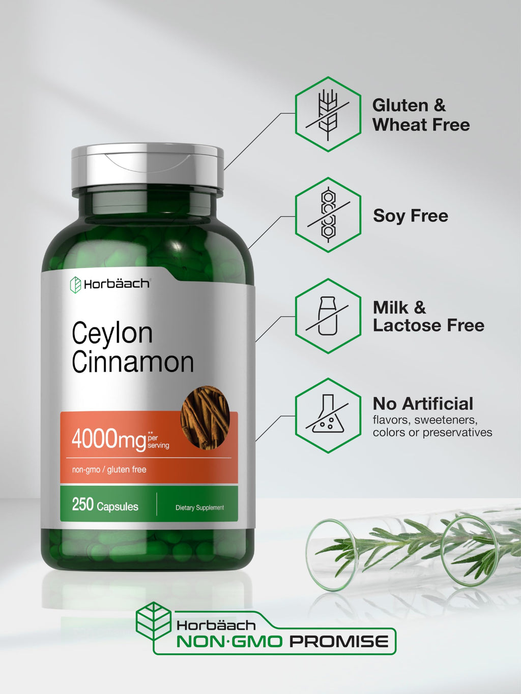 Horbäach Ceylon Cinnamon Capsules 4000mg | 250 Count | Non-GMO, Gluten Free