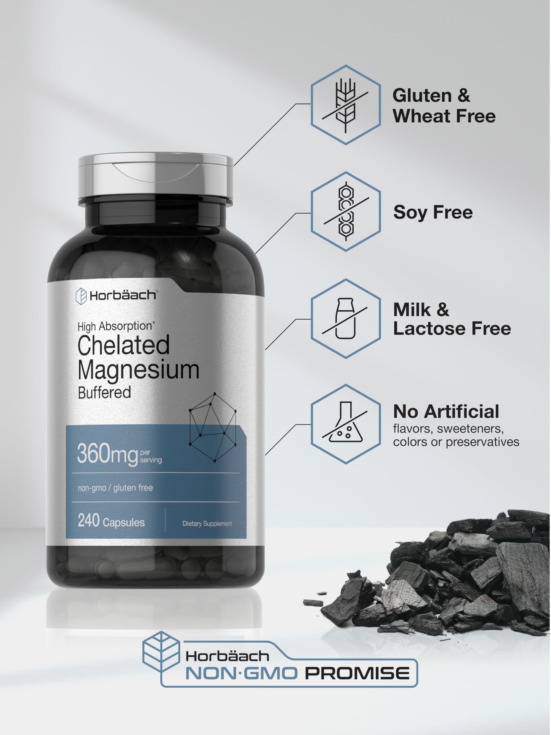 Horbäach Chelated Magnesium 360mg – 240 Capsules | Non-GMO & Gluten Free