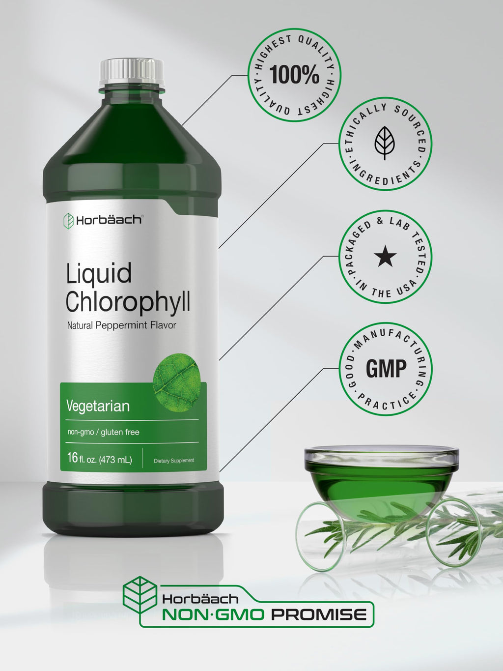 Horbäach Chlorophyll Liquid Drops 100mg – 32 oz Peppermint