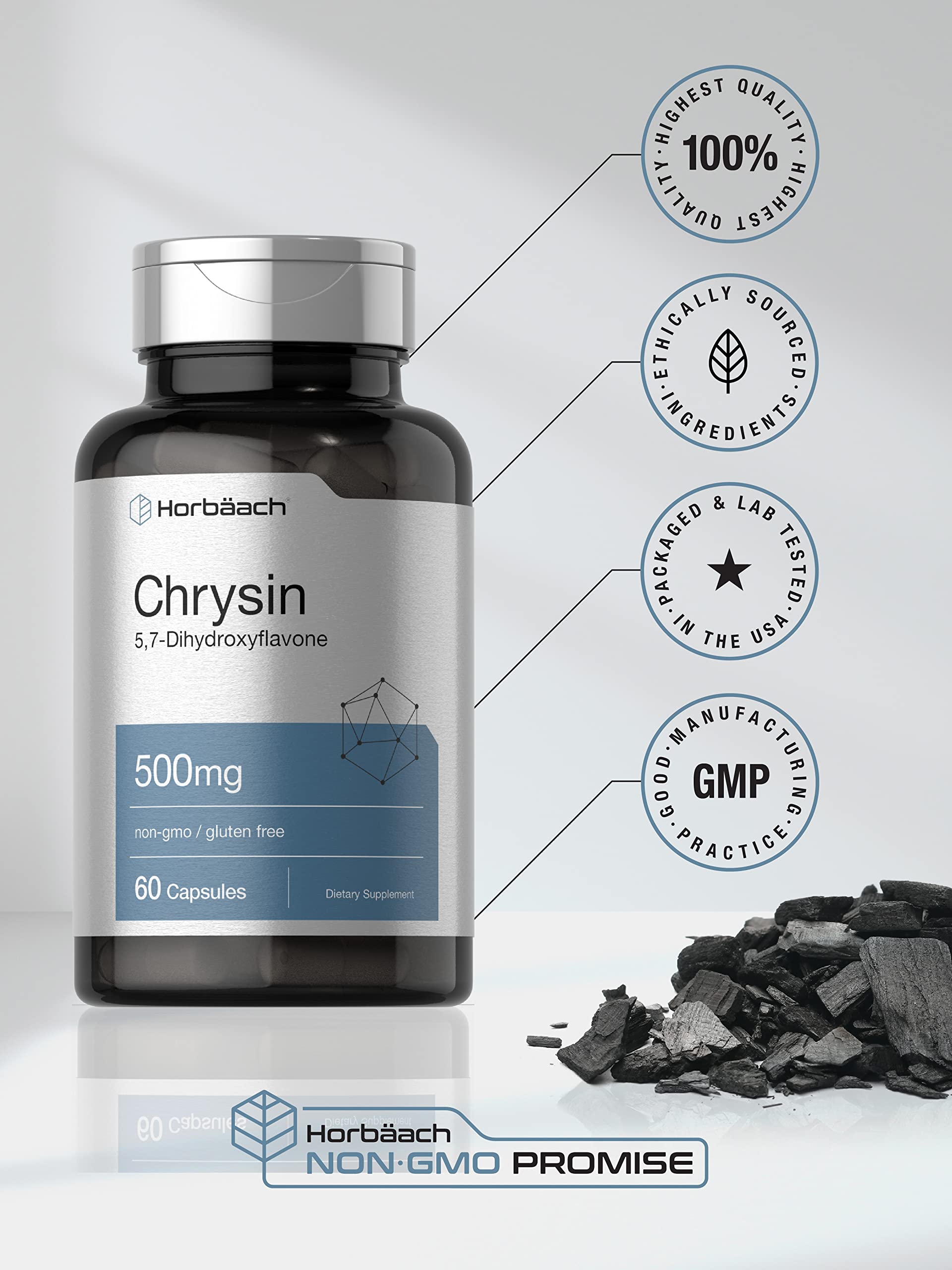 Horbäach Chrysin Supplement | 500mg | 60 Capsules | Passion Flower Extract | Non-GMO, Gluten Free Supplement