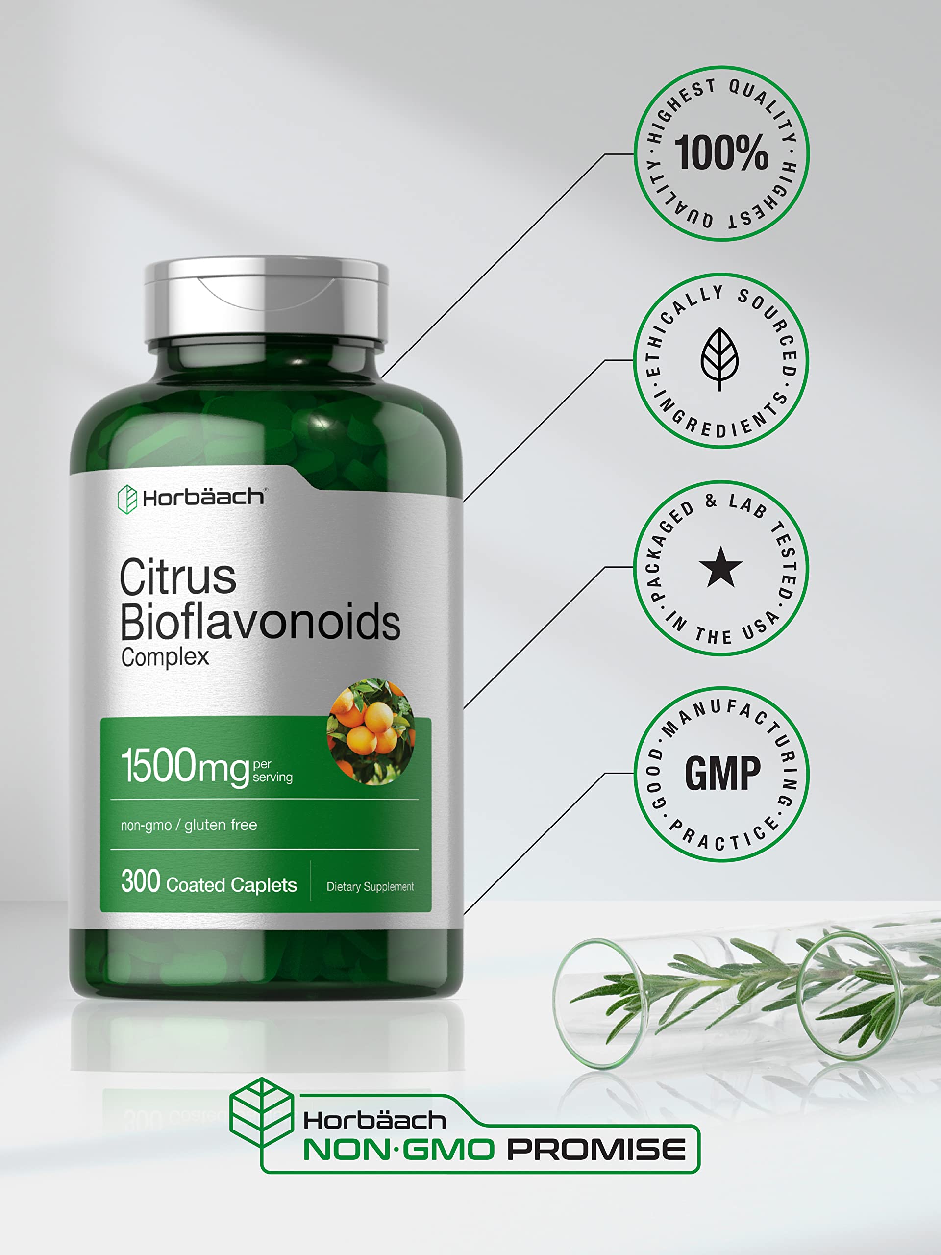 Horbäach Citrus Bioflavonoids Supplement – 1500mg, 300 Caplets | Vegetarian, Non-GMO, Gluten Free | Value Size