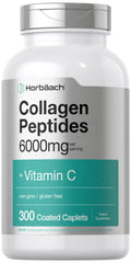 Horbäach Collagen Peptides 6000mg - 300 Caplets | Vitamin C | Hydrolyzed Collagen | Non-GMO, Gluten Free