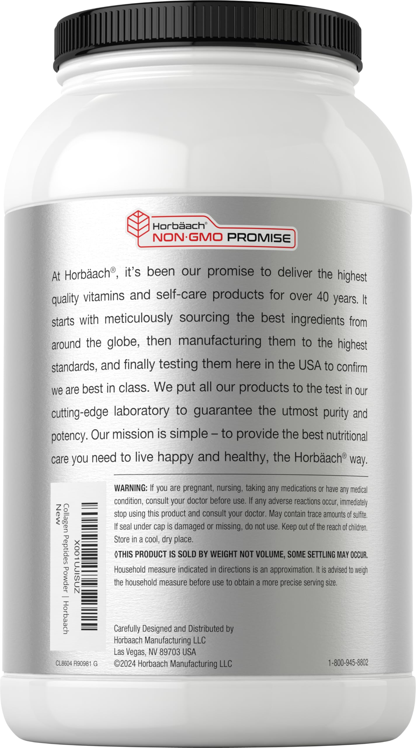 Horbaach Collagen Peptides Powder 40 oz – Unflavored, Grass-Fed Type I & III
