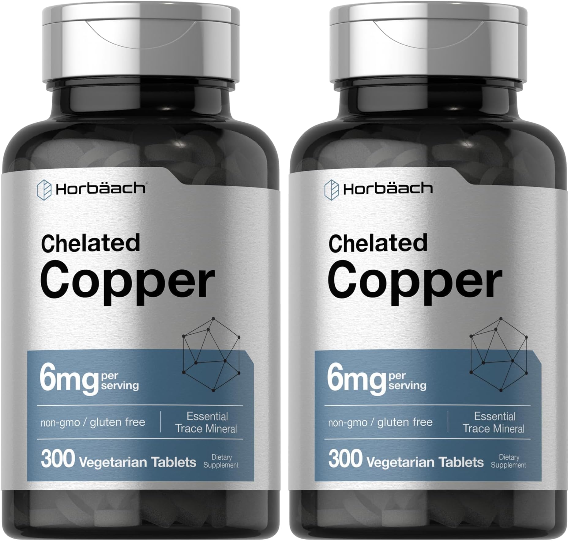 Horbäach Chelated Copper 6 mg - 300 Tablets (Pack of 2) | Vegetarian, Non-GMO, Gluten Free