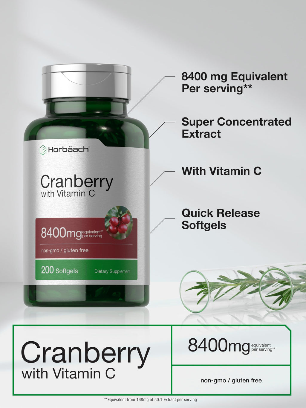Horbäach Cranberry Pills for Women and Men – 8,400 mg per Serving, 200 Softgels | Vitamin C | Non-GMO, Gluten Free