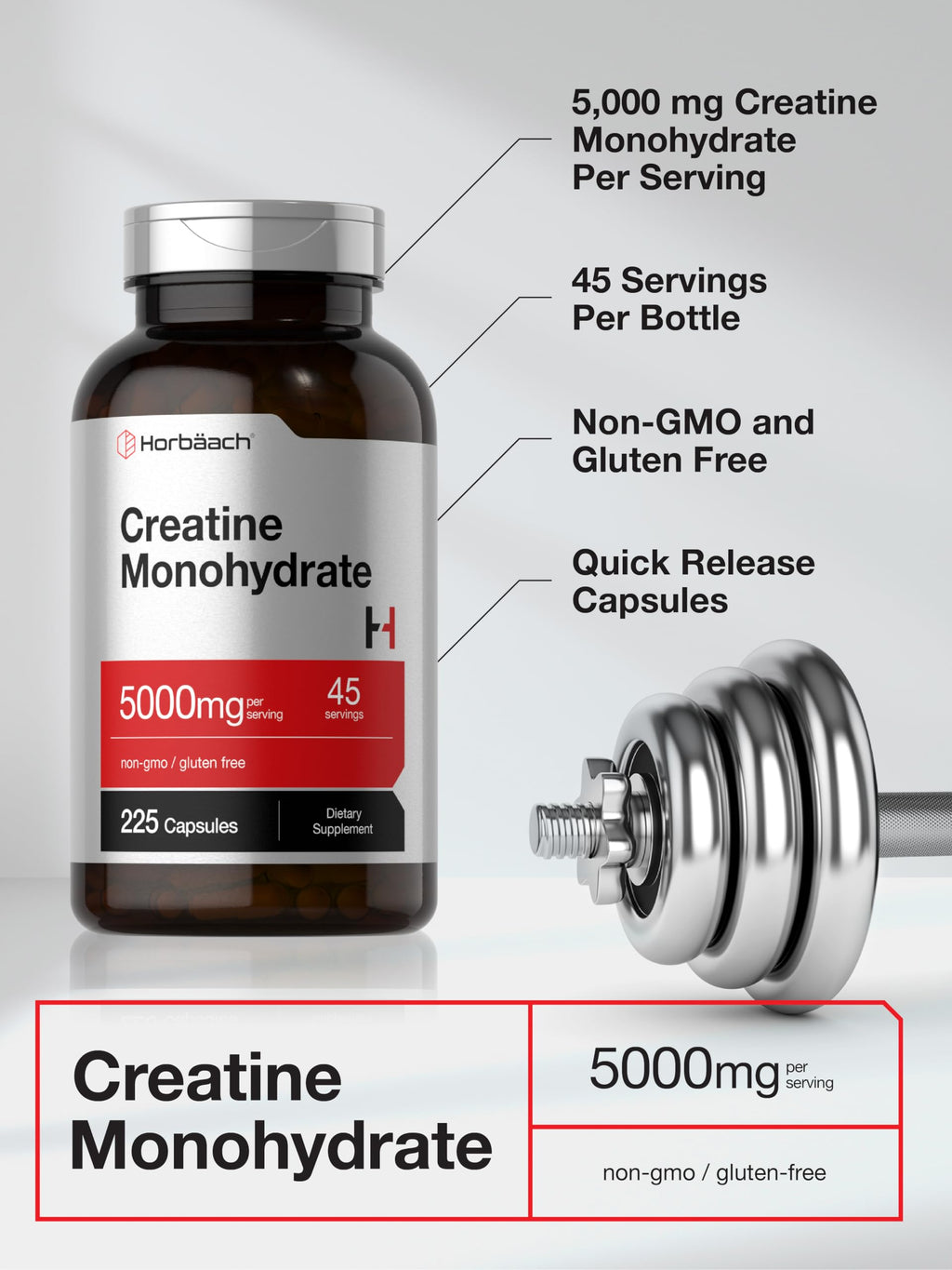 Horbäach Creatine Monohydrate 5g - 225 Capsules | Non-GMO, Gluten Free