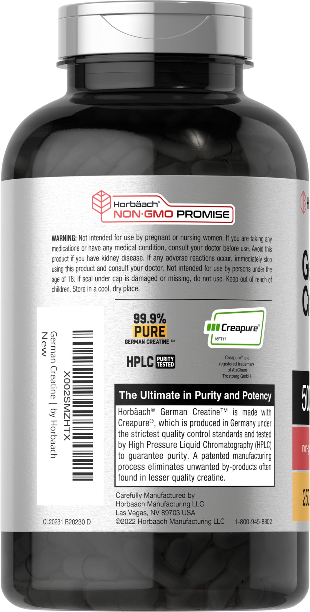 Horbaach German Creatine Monohydrate 5000mg | 250 Capsules | Non-GMO & Gluten Free