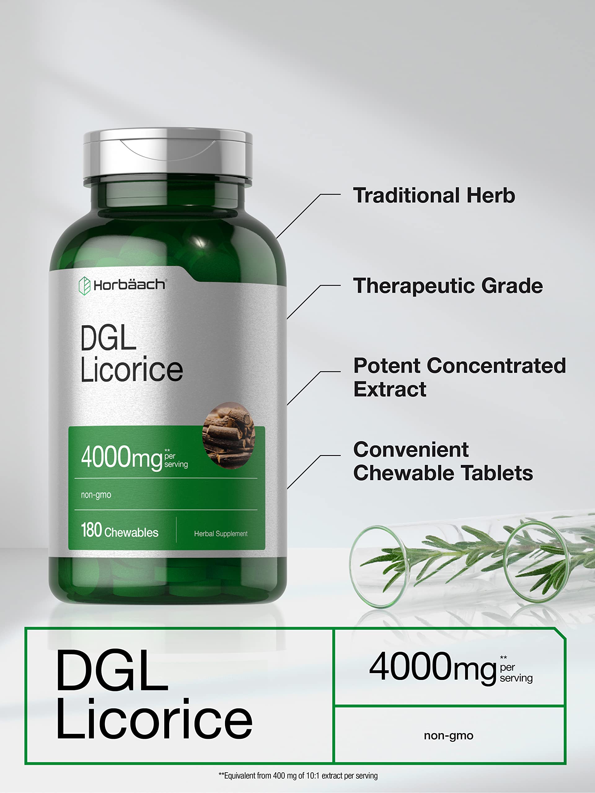 Horbäach DGL Licorice Chewable Tablets 4000mg | 180 Count | Vegetarian & Non-GMO | Deglycyrrhizinated Licorice Root Extract