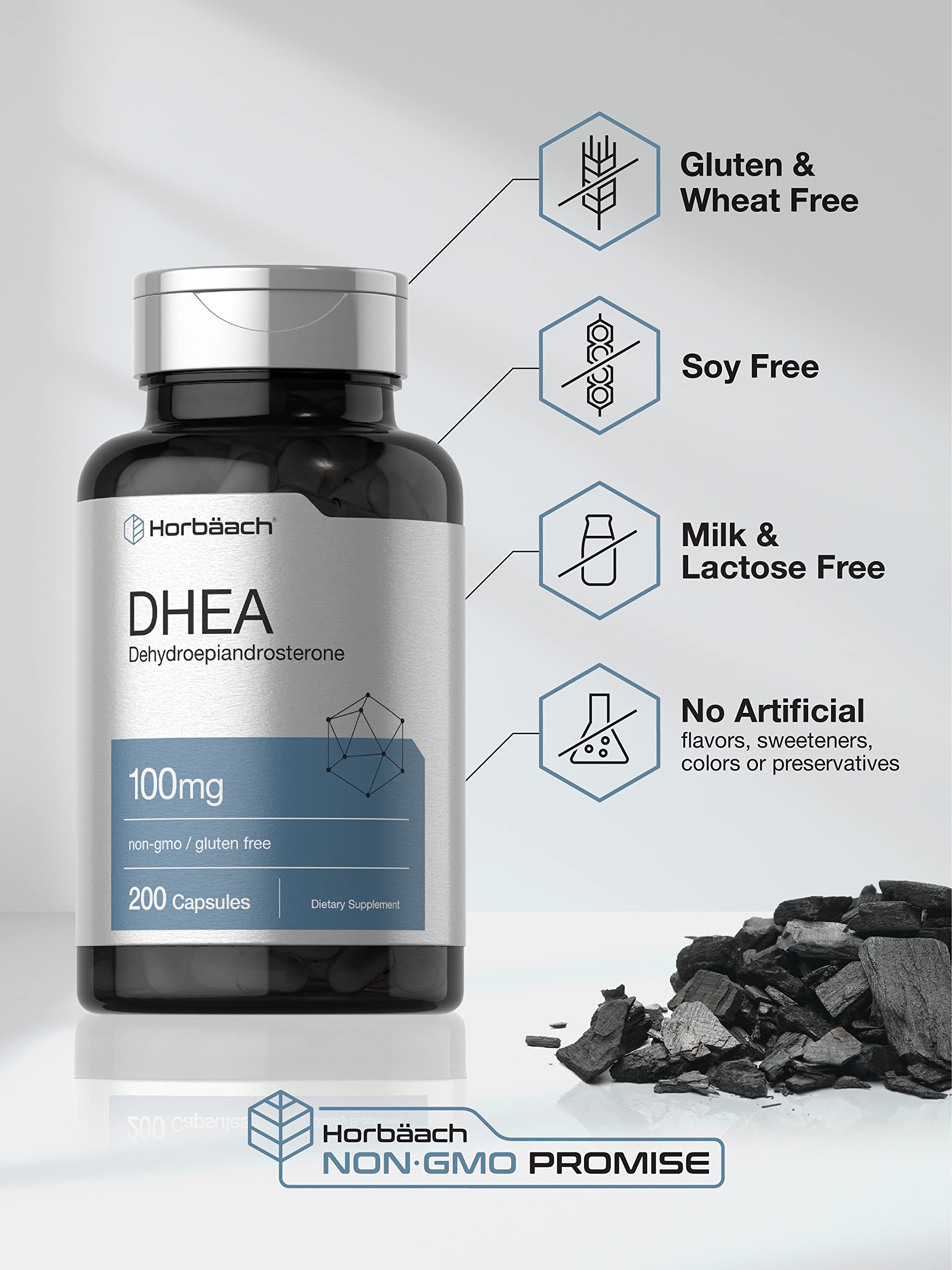Horbäach DHEA 100mg | 200 Capsules – Non-GMO, Gluten Free | For Men & Women