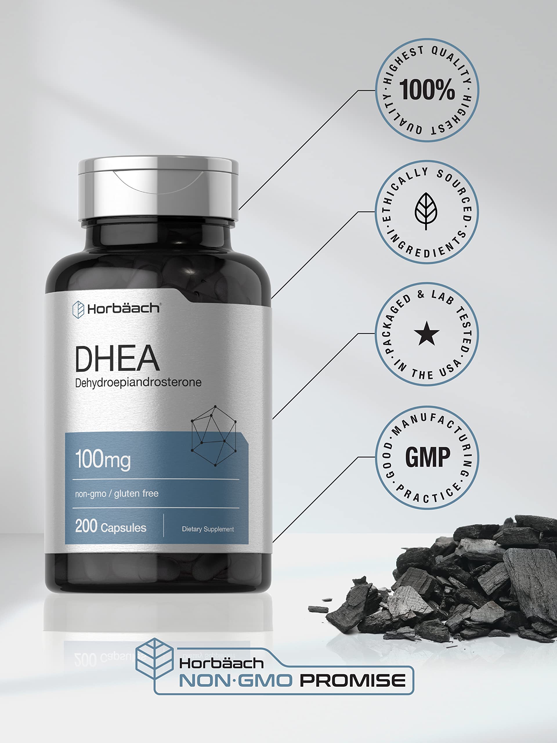 Horbäach DHEA 100mg | 200 Capsules – Non-GMO, Gluten Free | For Men & Women