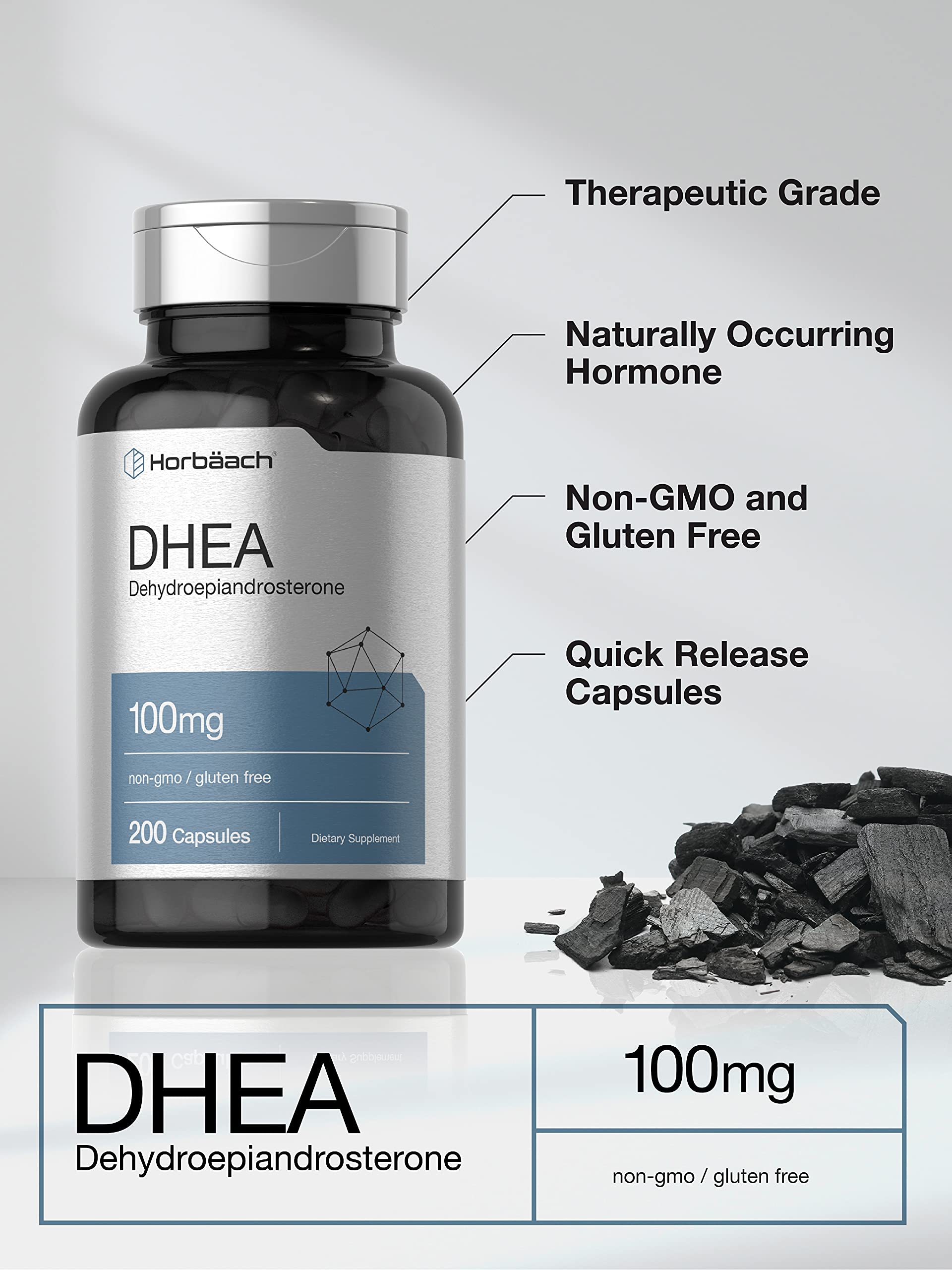 Horbäach DHEA 100mg | 200 Capsules – Non-GMO, Gluten Free | For Men & Women