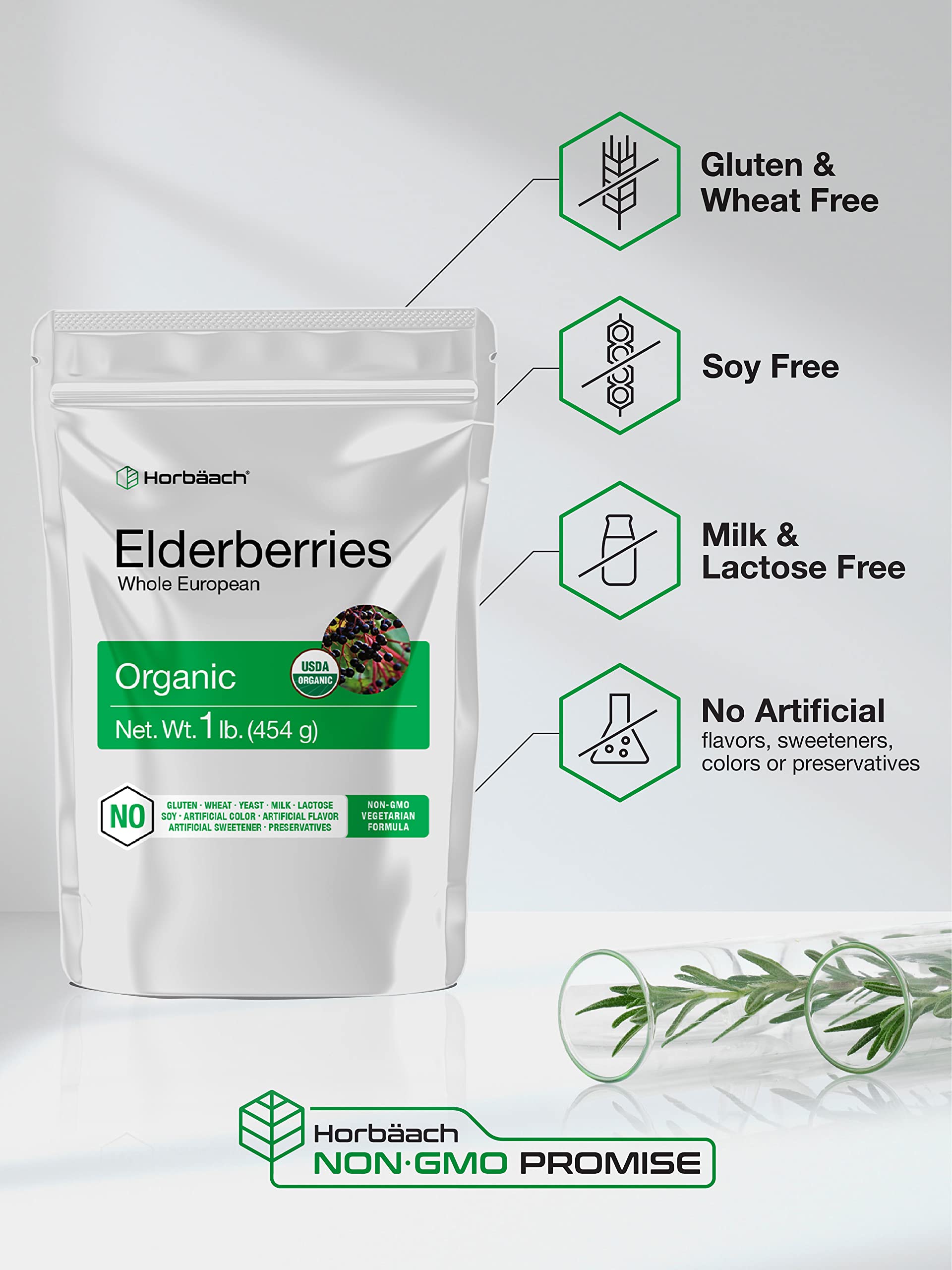 Horbaach Organic Dried Elderberries – 1 lb Bulk Bag | Sambucus Nigra | Non-GMO, Gluten Free