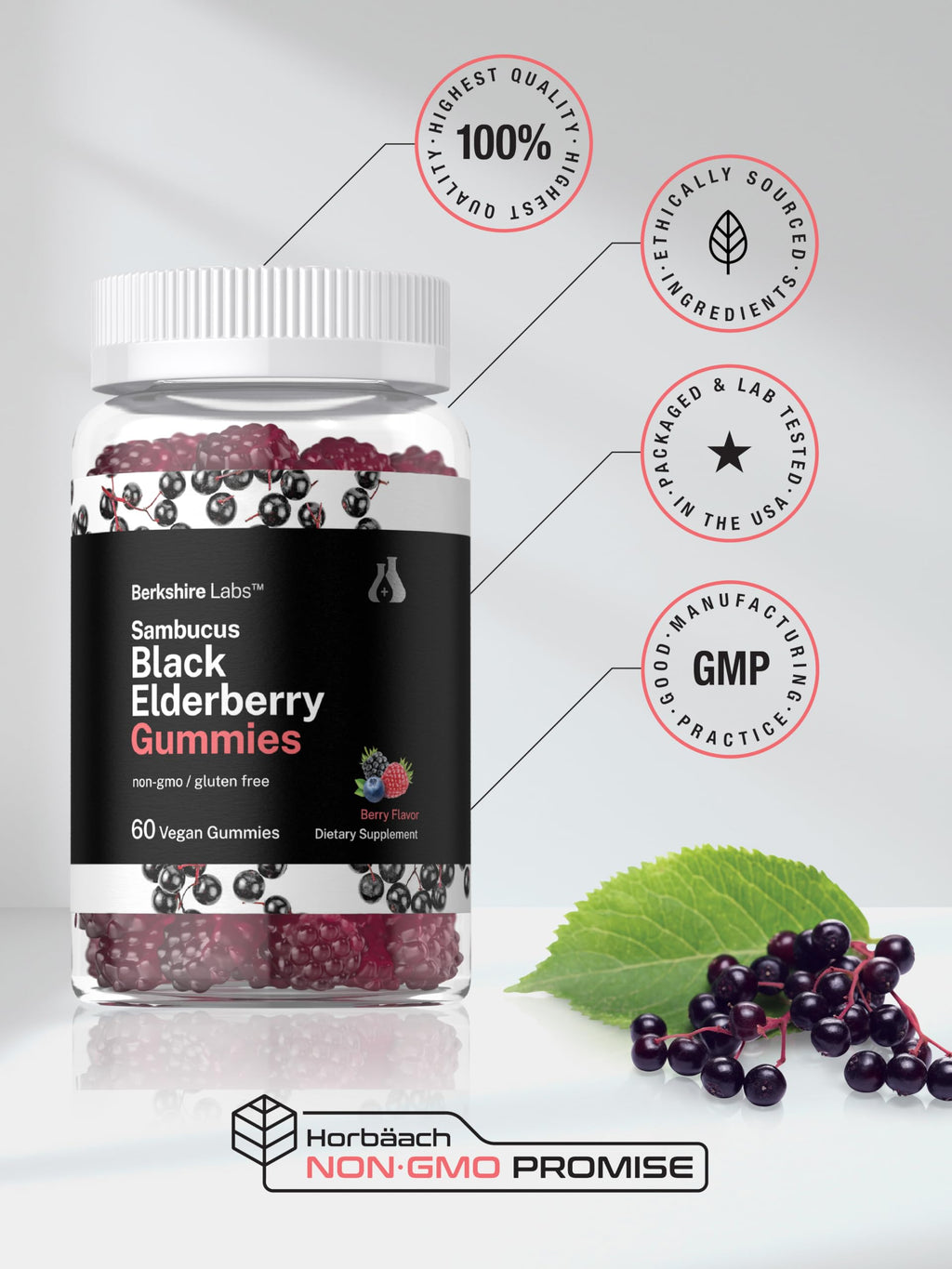 Horbaach Sambucus Black Elderberry Gummies – 60 Count, Vegan, Gluten Free, Vitamin C & Zinc