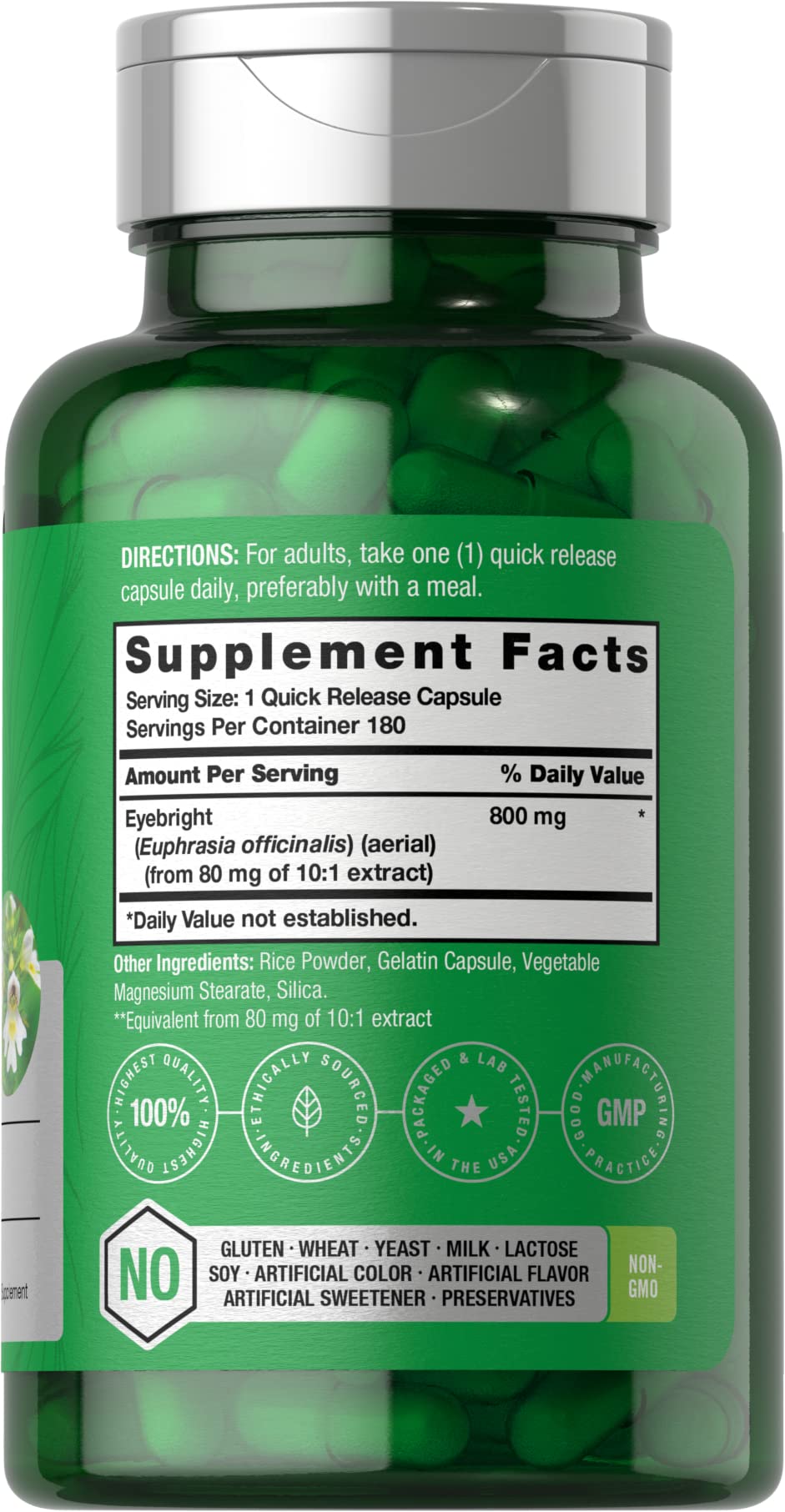 Horbäach Eyebright Herbal Supplement 800mg | 180 Capsules | Non-GMO & Gluten Free