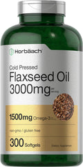 Horbäach Flaxseed Oil Softgel Capsules 3000mg | 300 Count | Non-GMO, Gluten Free | Cold Pressed