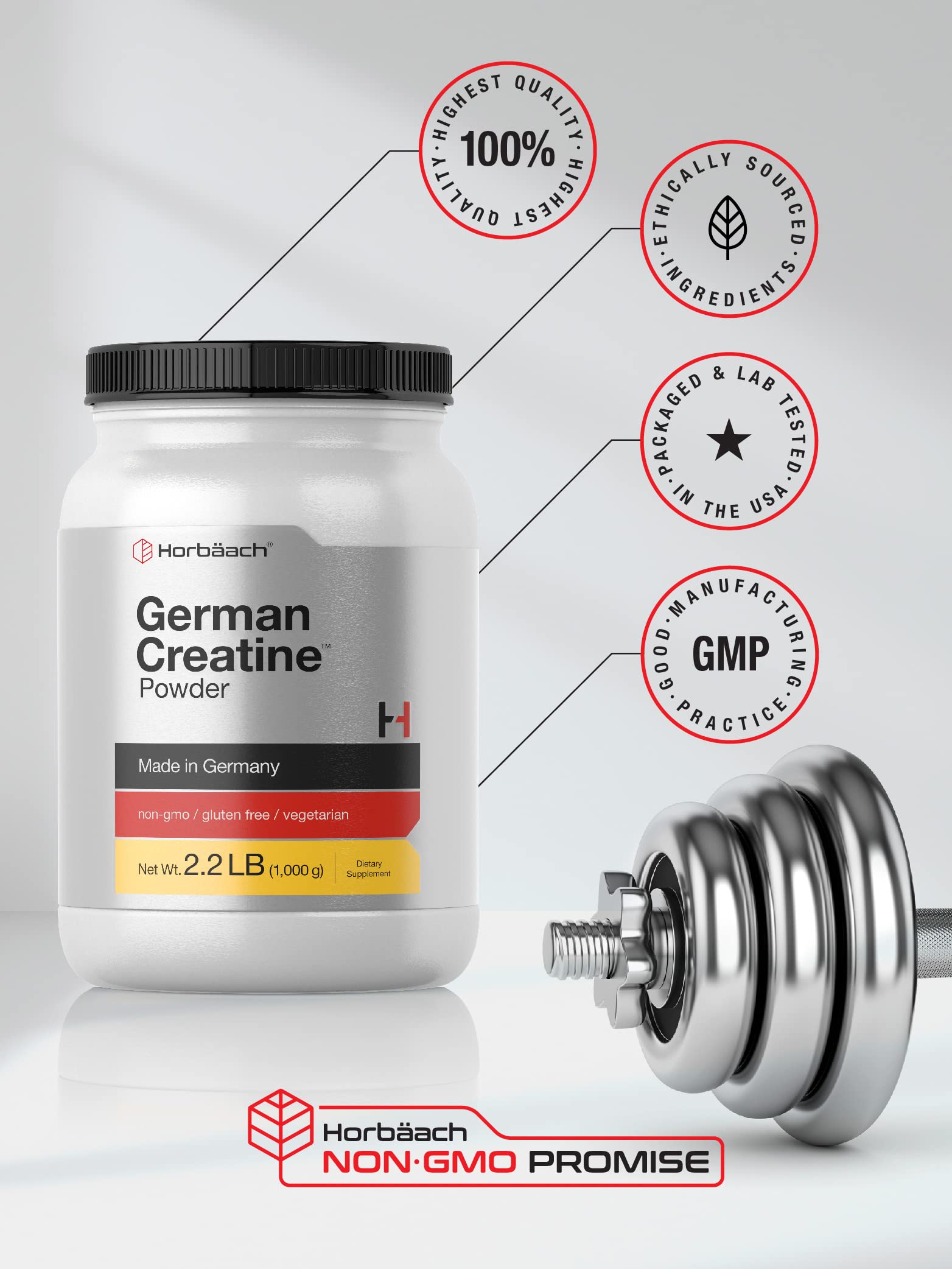 Horbäach German Creatine Powder 1000g | Creapure Monohydrate Powder | Vegetarian, Non-GMO, and Gluten Free Supplement | Promotes Strength & Power