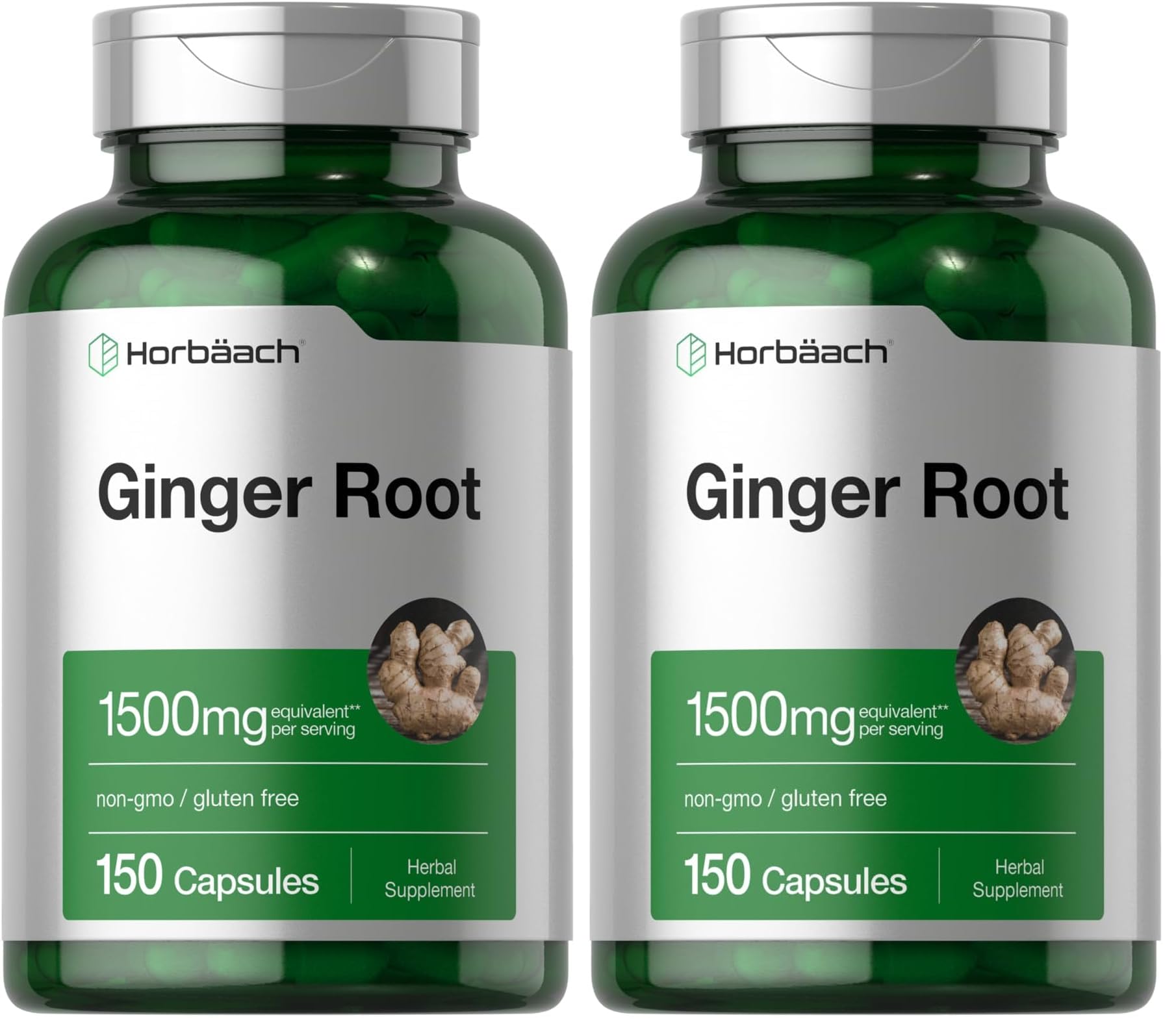 Horbäach Ginger Root Capsules 1500 mg | 150 Pills | Non-GMO, Gluten Free | Ginger Root Extract (Pack of 2)