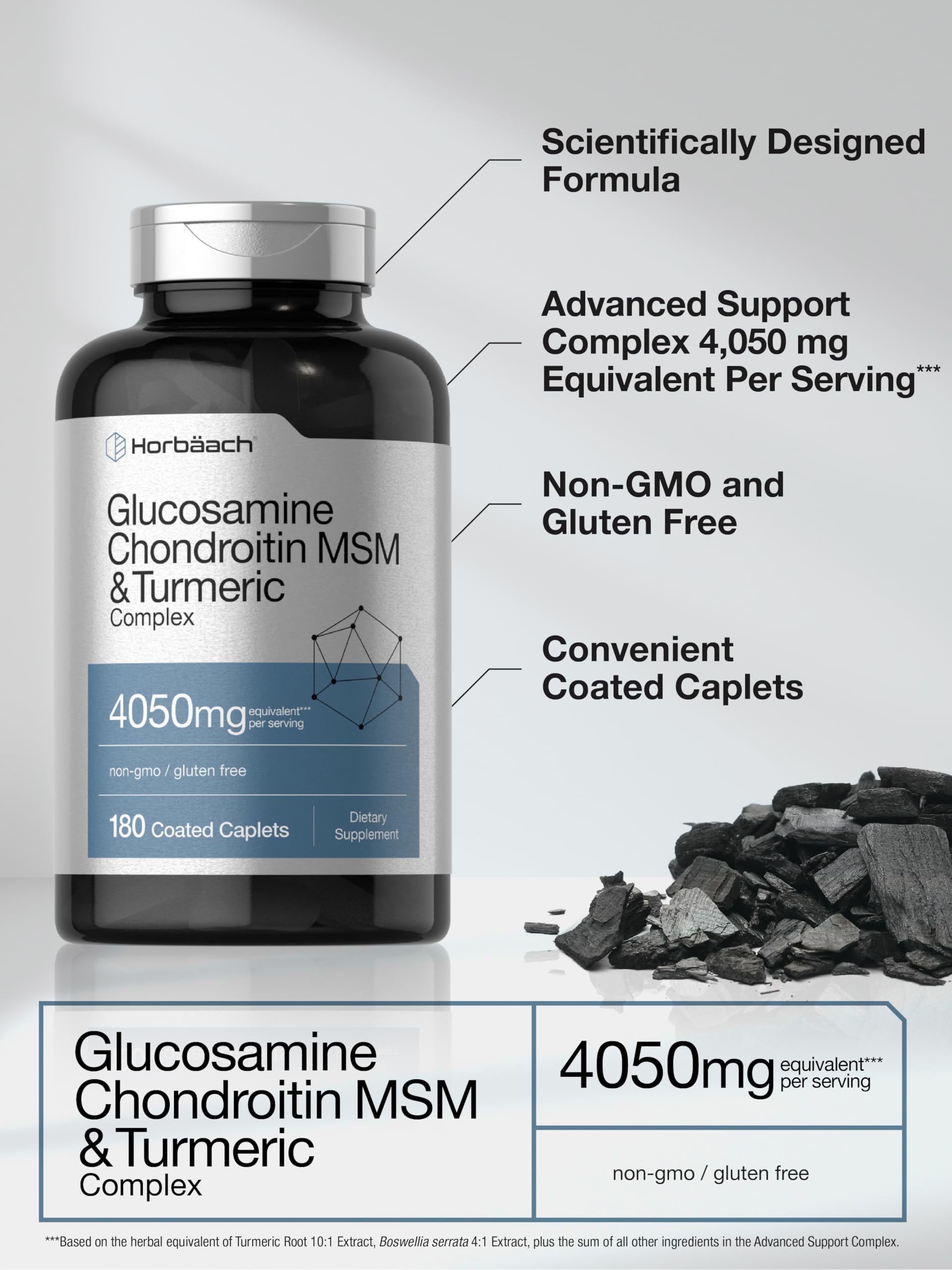 Horbäach Glucosamine Chondroitin MSM 4050 mg – 180 Caplets with Turmeric | Triple Strength | Non-GMO & Gluten Free