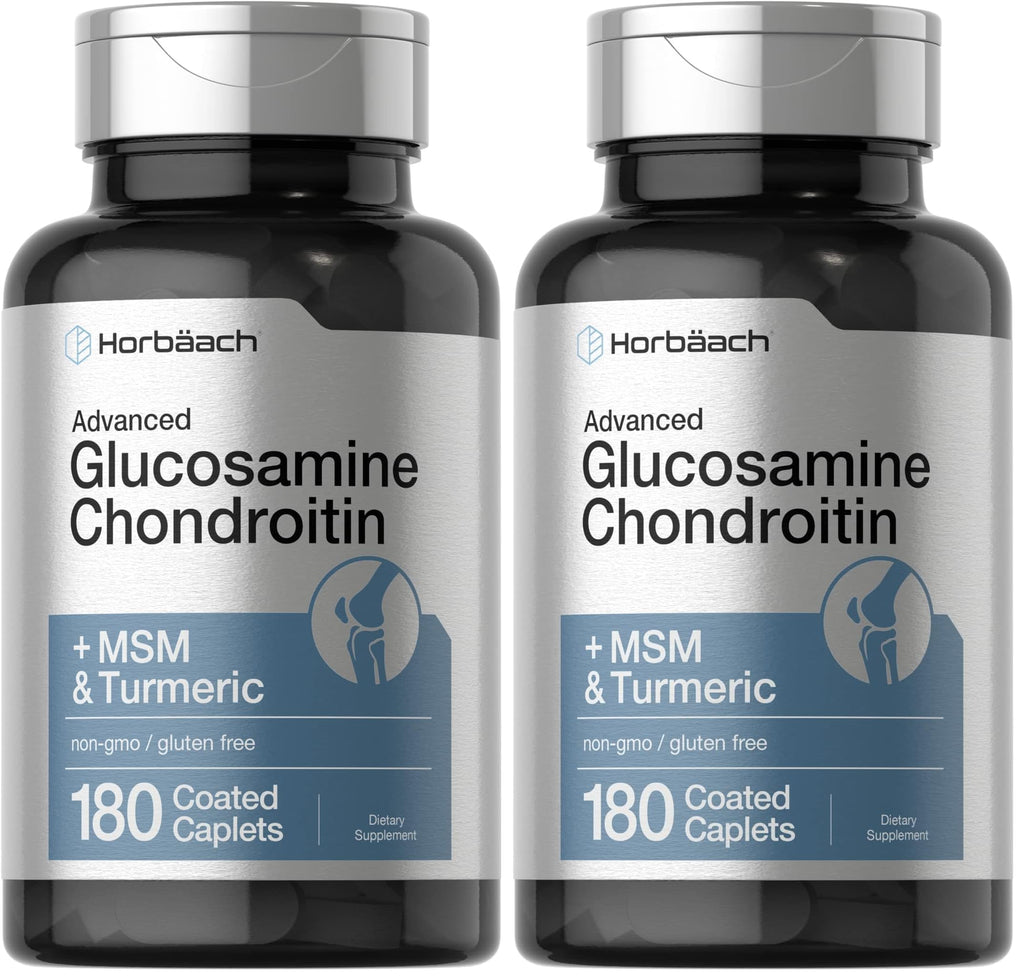 Horbäach Glucosamine Chondroitin | Plus MSM & Turmeric | 180 Coated Caplets | Non-GMO, Gluten Free Supplement (Pack of 2)