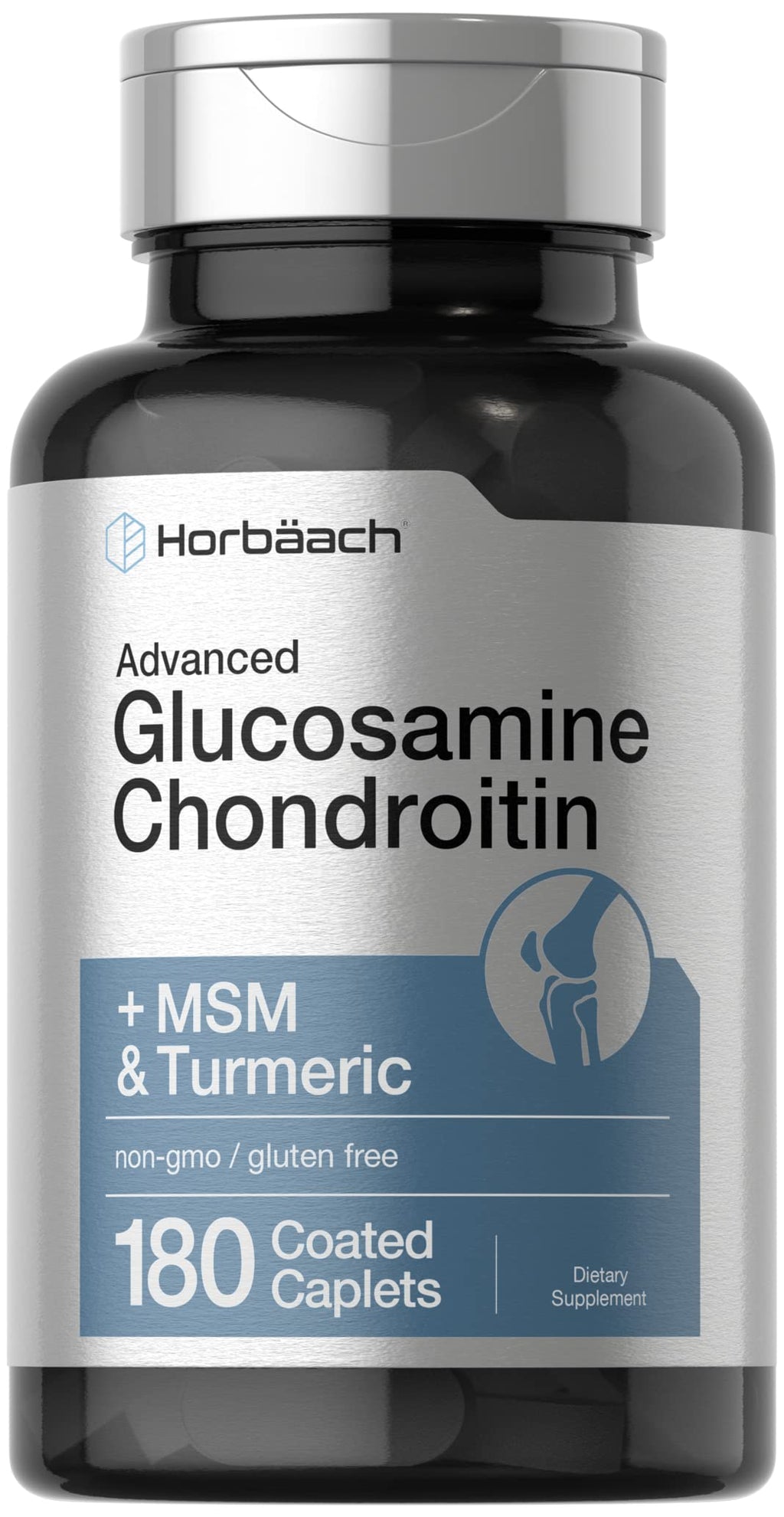 Horbäach Glucosamine Chondroitin + MSM & Turmeric | 180 Coated Caplets | Non-GMO Gluten Free