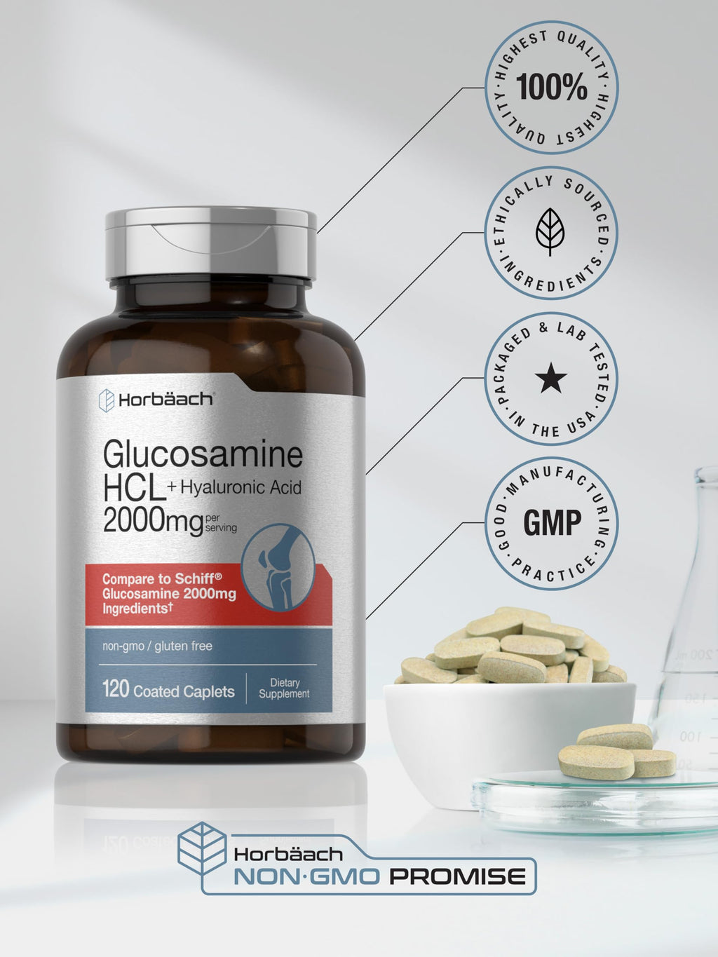 Horbäach Glucosamine HCL with Hyaluronic Acid – 2000mg (120 Caplets) | Non-GMO, Gluten Free