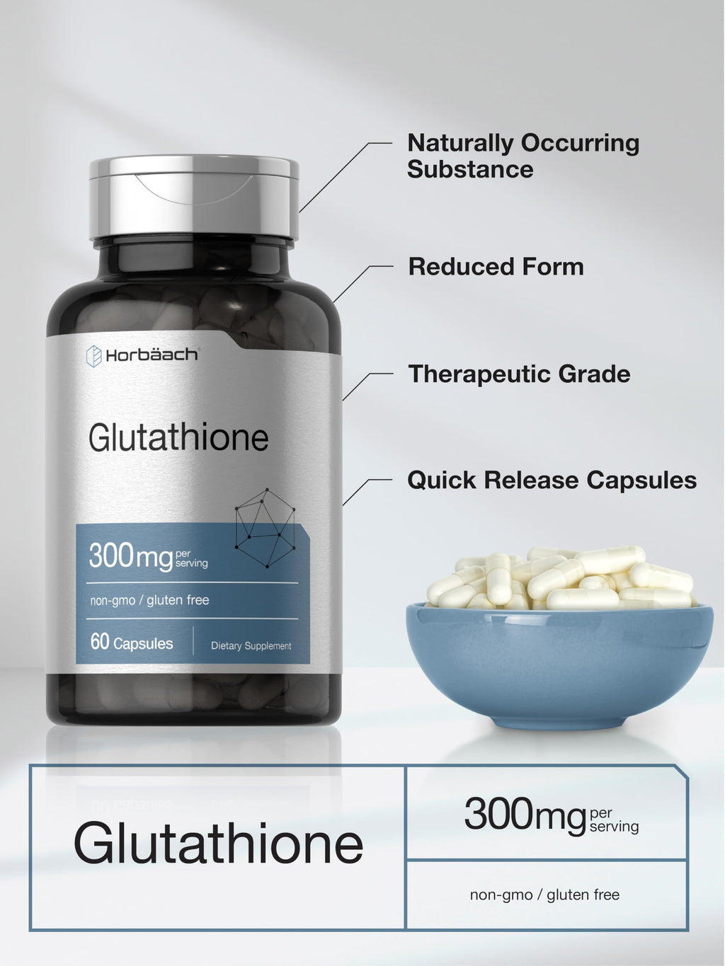 Horbaach Glutathione Supplement – 300 mg, 60 Capsules – Non-GMO & Gluten Free (Reduced Form)