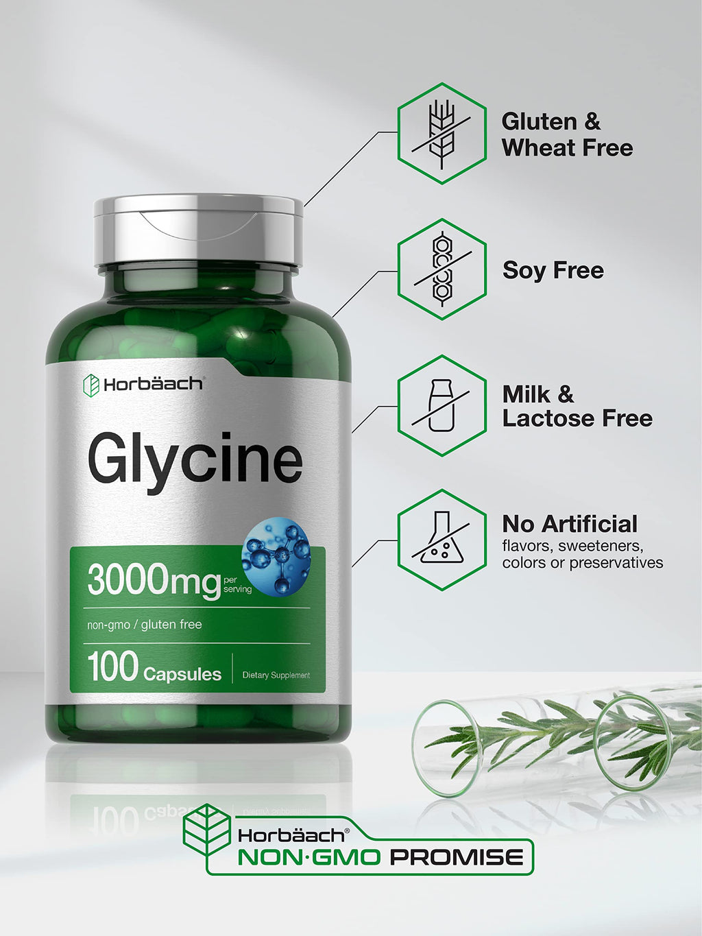 Horbäach Glycine 3000mg Supplement – 100 Powder Capsules | Non-GMO, Gluten Free