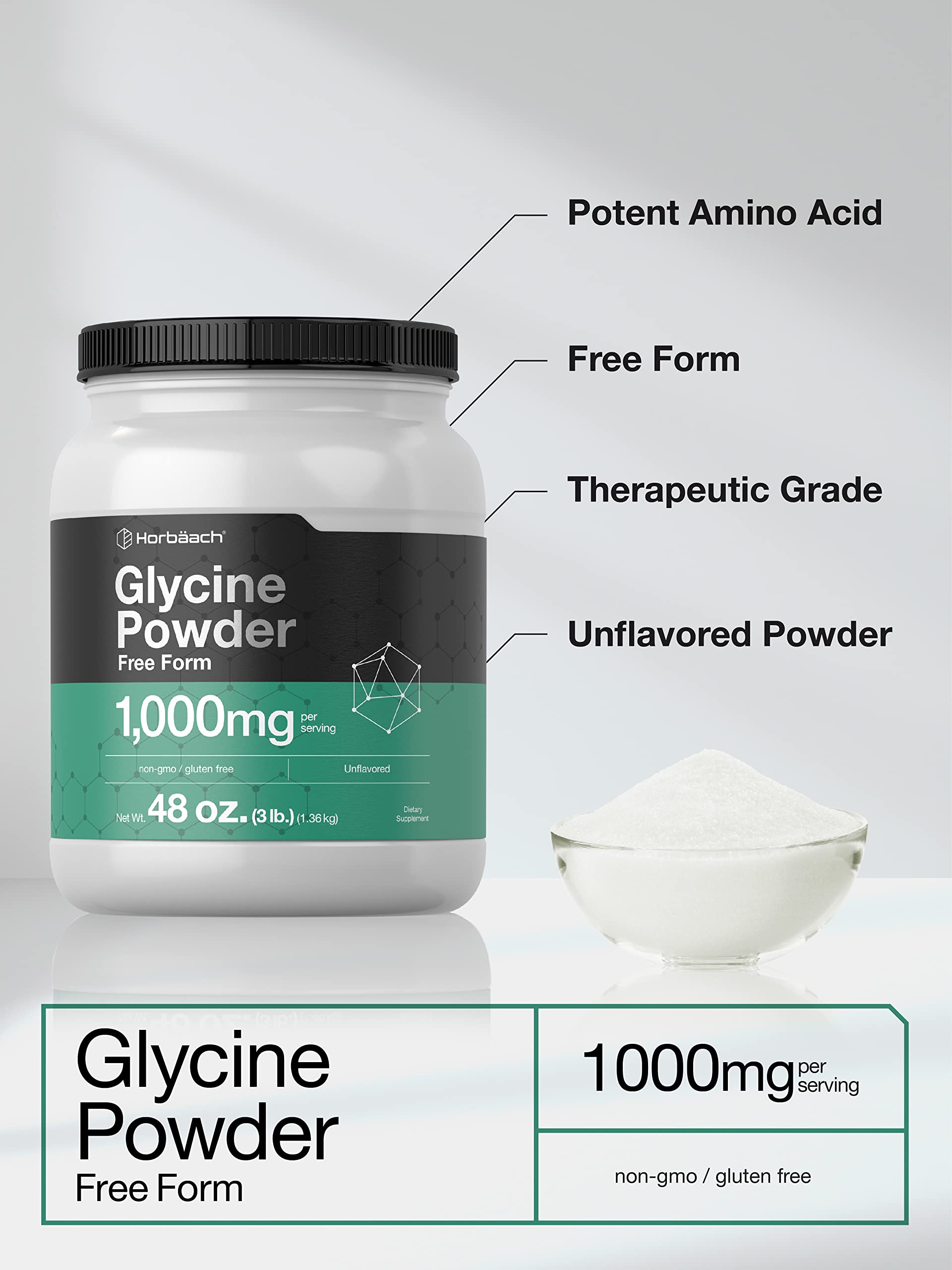 Horbäach Glycine Powder 3 lbs - Free Form, Unflavored, Vegetarian, Non-GMO, Gluten Free
