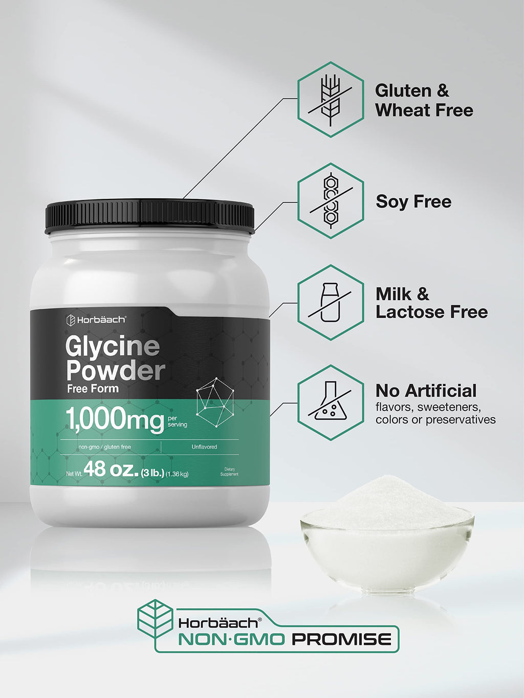 Horbäach Glycine Powder 3 lbs - Free Form, Unflavored, Vegetarian, Non-GMO, Gluten Free