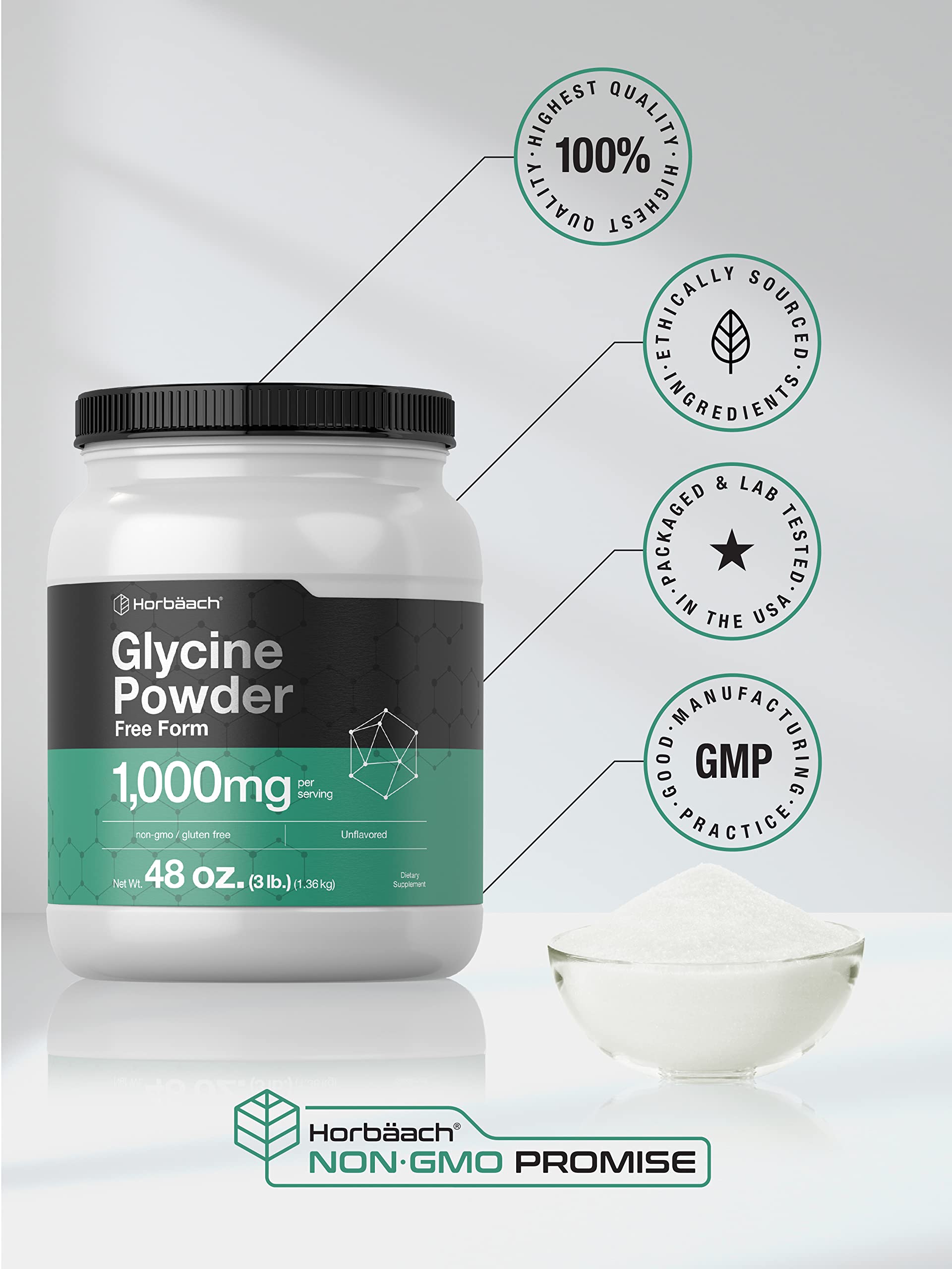 Horbäach Glycine Powder 3 lbs - Free Form, Unflavored, Vegetarian, Non-GMO, Gluten Free